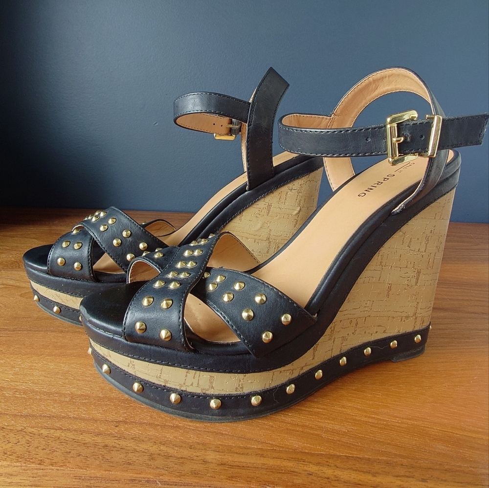 Call It Spring Black and Gold Wedge Shoes
